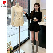 皮爾卡丹（pierre cardin）小香風氣質圓領閃鉆修身針織衫短裙女裝2025秋冬新款辣妹時尚套裝 黑色上衣+短裙 S (80-95斤內)