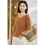 米思陽(yáng)（missshine）2025春季新款簡(jiǎn)約百搭T恤天絲醋酸羊羔毛混紡柔軟舒適上衣女 金棕色現貨直發(fā) S