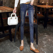 chic破洞緊身牛仔褲女夏薄款九分褲復古彈力小腳褲韓版顯瘦鉛筆褲 0802復古藍九分單褲 40 25建議88斤內