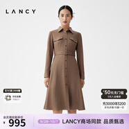 朗姿春冬新款長袖中長款收腰羊毛襯衫連衣裙女法式氣質(zhì) 冰咖啡色 L
