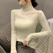 百宣嬌（BETTEJO）秋冬新款半高領(lǐng)套頭毛衣女顯瘦鏤空針織衫女網(wǎng)紗拼接打底衫女上衣 杏色 S
