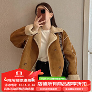 傾她韓國(guó)chic秋冬復(fù)古英倫風(fēng)仿羊羔毛翻領(lǐng)雙排扣寬松百搭長(zhǎng)袖絨外套女 駝色 L建議110-125斤