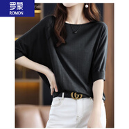羅蒙（ROMON）女裝T恤女2026年夏季新款圓領(lǐng)冰絲短袖女寬松蝙蝠衫T恤薄中袖上衣 黑 2XL 125-145斤