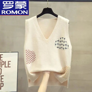羅蒙（ROMON）v領(lǐng)羊毛針織馬甲背心女春秋新款寬松上衣外穿馬夾外搭羊毛毛衣 杏色 【單件馬甲】 L 建議110-120斤