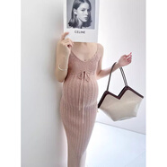 高端定制剪裁性感孕婦裙系帶針織吊帶露臀裙v領(lǐng)無(wú)袖辣媽裙夏天 粉紅色(建議100-150斤穿) 均碼