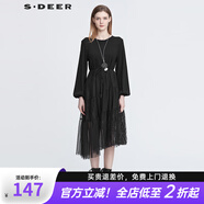 S.DEER圣迪奧春季女裝時(shí)尚圓領(lǐng)收腰網(wǎng)紗蕾絲長(cháng)袖連衣裙S22181207 黑色/91 M 165