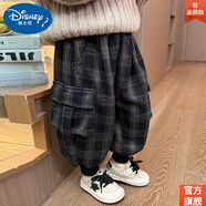 迪士尼（DISNEY）女童褲子冬裝新款兒童洋氣格子加絨工裝褲韓版女寶寶燈籠褲潮 旗 艦官 方黑色 格子加絨工裝褲 90 旗 艦官 方cm 建議85厘米左右