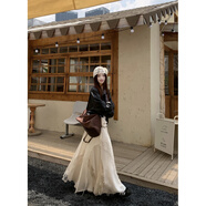 覆古美式翻領(lǐng)長(cháng)袖皮衣外套蕾絲拼接半身裙女2025秋季時(shí)尚套裝 裙子 M