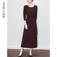 FEMLY輕奢重工釘鉆領(lǐng)修身收腰系帶顯瘦連衣裙2512602 暗紫色 S