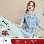兩三事梵高文藝 美學(xué)漣漪 2025夏季新款印花貼布繡綁帶翻領(lǐng)連衣裙 藍(lán)色 S