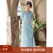 茵曼（INMAN）法式薄荷曼波連衣裙2024夏女裝新品V領(lǐng)燈籠袖抽繩 紺藍色 XL