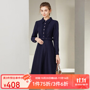 經(jīng)典故事（JANE STORY）高級感羊毛毛呢連衣裙女秋冬2024新款法式復古襯衫領氣質(zhì)修身裙子 深藍色 M