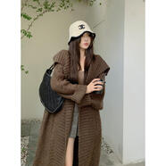 靈佰詩奴樂大碼女裝微胖MM慵懶氣質大翻領中長款毛衣外套粗麻花針織開衫定制 咖色 咖色 L 建議100-120斤