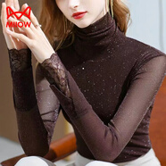 貓人（MiiOW）歐洲站打底衫女網(wǎng)紗洋氣t恤2025年春秋新款氣質(zhì)高領(lǐng)蕾絲亮絲上衣 咖啡色 S 80-95斤
