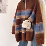 AEMAPE浣熊絨軟糯復古撞色條紋慵懶套頭針織衫女2025秋冬新款寬松毛衣女 咖啡色 4XL 建議155-170斤