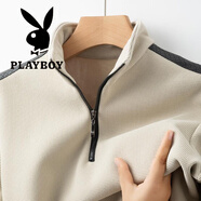 花花公子（PLAYBOY）長(cháng)袖男士T恤秋冬中年高領(lǐng)半拉鏈衛衣男時(shí)尚百搭拼接厚款男士衛衣 1818/米白色 M 16580100斤