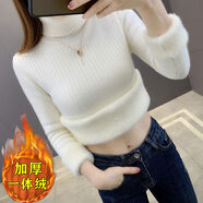 高領(lǐng)加絨毛衣女加厚一體絨寬松外穿秋冬豎條紋新款保暖針織打底衫 白色 S