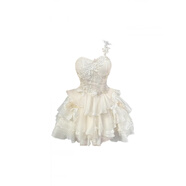 HEZA 微胖溫柔千金風(fēng)重工蕾絲網(wǎng)紗連衣裙女感收腰蓬蓬禮服裙 連衣裙 S _【80-90斤】