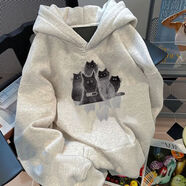 文頗100%純棉面料美式復(fù)古貓咪印花連帽衛(wèi)衣女秋冬新款寬松街頭慵懶風(fēng) 純棉A4-48-5黑貓連帽-淺灰薄款 S