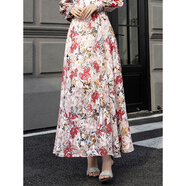 百絲（baisi）2025秋季新品高腰中長(cháng)裙印花氣質(zhì)田園風(fēng)復古休閑雪紡半身裙女 紅花 M