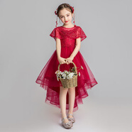 小咔衣濃小女孩公主裙女童花童婚禮蓬蓬紗兒童晚禮服主持人鋼琴演出服大童 酒紅色前短后長(cháng) 140