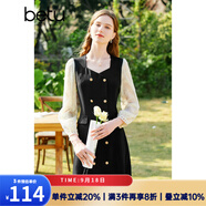 百圖betu女裝春夏新款連衣裙方領(lǐng)雙層蕾絲長袖連衣裙女2302T73 黑色 M