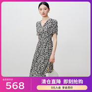 敦奴（DUNNU）dunnu敦奴2024夏新款顯瘦V領(lǐng)雪紡植物花卉印花連衣裙女 正黑色 2XL