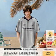 SuaMoment抓痕條紋翻領(lǐng)字母短袖T恤男女夏季復(fù)古休閑運(yùn)動(dòng)體恤上衣 銀色 L