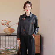 代勒（DAILE）中老年女裝洋氣媽媽裝短款外套奶奶裝寬松繡花上衣闊太太夾克 黑色 L   100-120斤