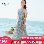 Olrain歐芮兒夏裝女裝短袖蕾絲拼接格子連衣裙女中長(zhǎng)款氣質(zhì)A字裙 藍(lán)色 S