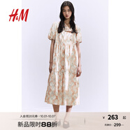 H&M女裝花卉連衣裙秋季甜美印花裙燈籠袖收腰中長(cháng)裙連身裙1244887 柔粉色/圖案 165/96 M