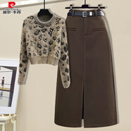 皮爾卡丹今年流行漂亮套裝裙復古時(shí)尚感毛茸茸毛衣毛呢半身裙兩件套女 豹紋毛衣 S