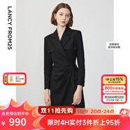 朗姿設計感ol風(fēng)氣質(zhì)顯瘦西裝裙冬季新款法式長(cháng)袖高級感連衣裙 黑色2 XL