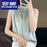 羅蒙（ROMON）絲綢真絲春夏季女裝新款緞面木耳邊圓領(lǐng)暗扣無(wú)袖襯衫純色上衣T恤 豆綠色 XL