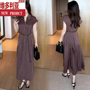 維多利亞的格調(diào)時(shí)尚條紋連衣裙女夏季新款氣質(zhì)減齡收腰顯瘦蕾絲拼接中長(zhǎng)款裙子 咖色 M 【體重85-100斤】