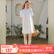 白鹿語夏季圓領釘珠甜美花邊連衣裙網紗拼接寬松顯瘦短裙 白色  M 