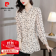 皮爾卡丹（pierre cardin）中長(zhǎng)款收腰長(zhǎng)袖雪紡襯衫女春秋裝2025新款遮肚子藏肉顯瘦裙擺上衣 杏色花 M (90-100斤)
