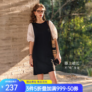 Olrain歐芮兒夏季女裝直筒名媛風(fēng)撞色蕾絲拼接連衣裙 黑白色 S