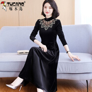 啄木鳥(niǎo)春秋冬半高領(lǐng)絲絨連衣裙女長(cháng)袖2026新款大碼氣質(zhì)顯瘦蕾絲長(cháng)款裙子 黑色 L 105-120斤