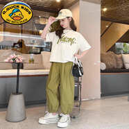 G.duck女童運動(dòng)套裝2025新款洋氣兒童時(shí)髦潮短袖休閑童裝夏季夏裝中大童 牛油-果綠-套裝 150 cm