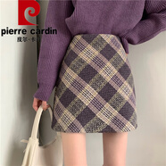 皮爾卡丹（pierre cardin）半身裙毛呢包臀裙秋冬女百搭顯瘦甜美鹽系格子A字短裙高腰半身裙 紫色 自帶安全褲 3XL