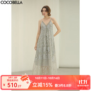 COCOBELLA萬針刺繡炒色流蘇仙女連衣裙蕾絲拼接吊帶裙FR0079 豆沙綠 M