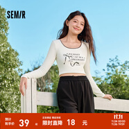 森馬（Semir）【甜心女高】長袖t恤女短款緊身蕾絲花邊上衣24新款甜美印花外穿 本白10101 S