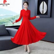 皮爾卡丹（pierre cardin）純色大擺舞蹈連衣裙女2025新款春秋長(cháng)袖雪紡長(cháng)款大紅色跳舞長(cháng)裙子 紅色 XL