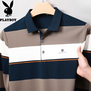 花花公子（PLAYBOY）2025新款秋季長袖T恤男翻領(lǐng)條紋寬松polo衫中年爸爸商務(wù)休閑上衣 907上青 L 170 適合115-130斤