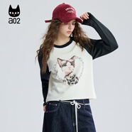 a02黑貓系列寬松圓領(lǐng)插肩袖長(cháng)袖T恤女2025新款秋季打底 黑色 黑白拼色 M