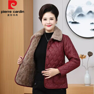 皮爾卡丹（pierre cardin）中老年女裝媽媽裝新款棉衣翻領(lǐng)PU皮衣加絨加厚秋冬裝短款棉襖外套 酒紅色 5XL 建議140-155斤