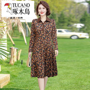啄木鳥(niǎo)（TUCANO）中年女氣質(zhì)連衣裙新款媽媽春裝洋氣50歲長(cháng)裙中年女春秋長(cháng)袖裙子潮 咖啡色碎花 5XL 【建議143-160斤】