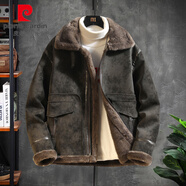 皮爾卡丹（pierre cardin）2025冬季輕奢加絨加厚工裝夾克皮毛一體麂皮絨羊羔毛外套男機車(chē)服 墨綠色 3XL 170-185斤