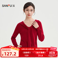 三福毛衣2025秋季綁帶V領(lǐng)蕾絲拼接下擺假兩件上衣女裝507322 大紅 L
